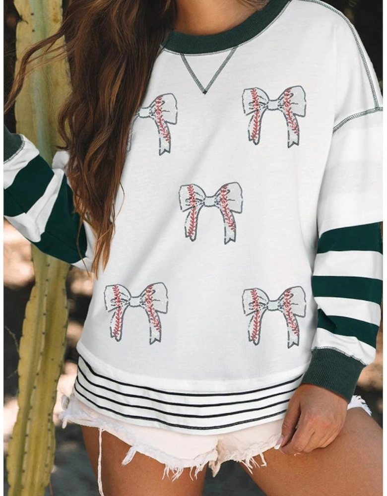 White Stripe Bowknot Patched Pattern Contrast Stitching Pullover Trendy Sweatshirt