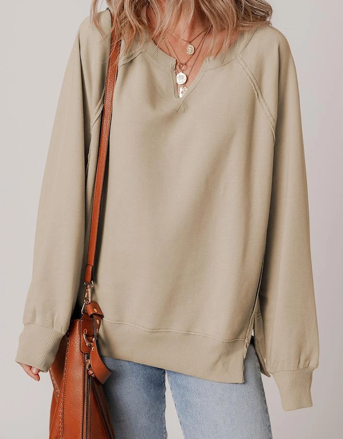Parchment Raw Edge Exposed Seam Raglan Sleeve Side Slit Sweatshirt