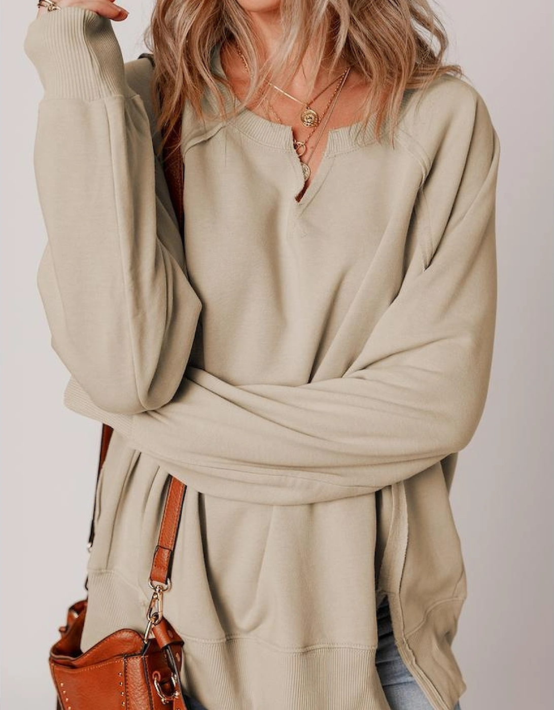 Parchment Raw Edge Exposed Seam Raglan Sleeve Side Slit Sweatshirt