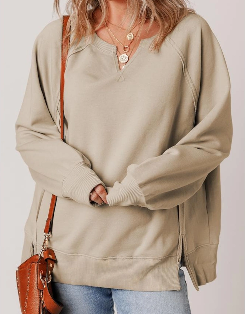 Parchment Raw Edge Exposed Seam Raglan Sleeve Side Slit Sweatshirt