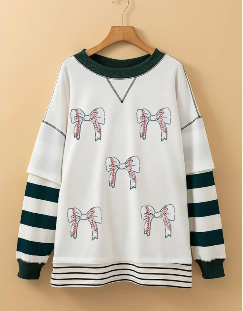 White Stripe Bowknot Patched Pattern Contrast Stitching Pullover Trendy Sweatshirt