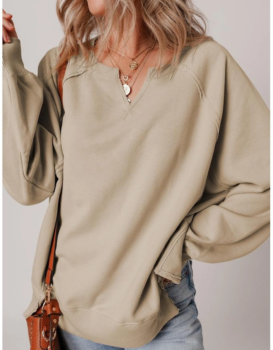 Parchment Raw Edge Exposed Seam Raglan Sleeve Side Slit Sweatshirt