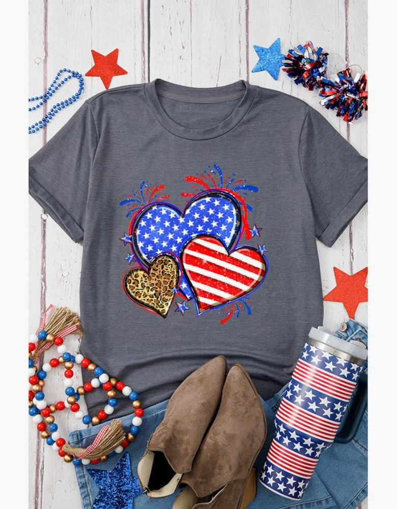 Gray American Heart July 4th Celebration Graphic T Shirt