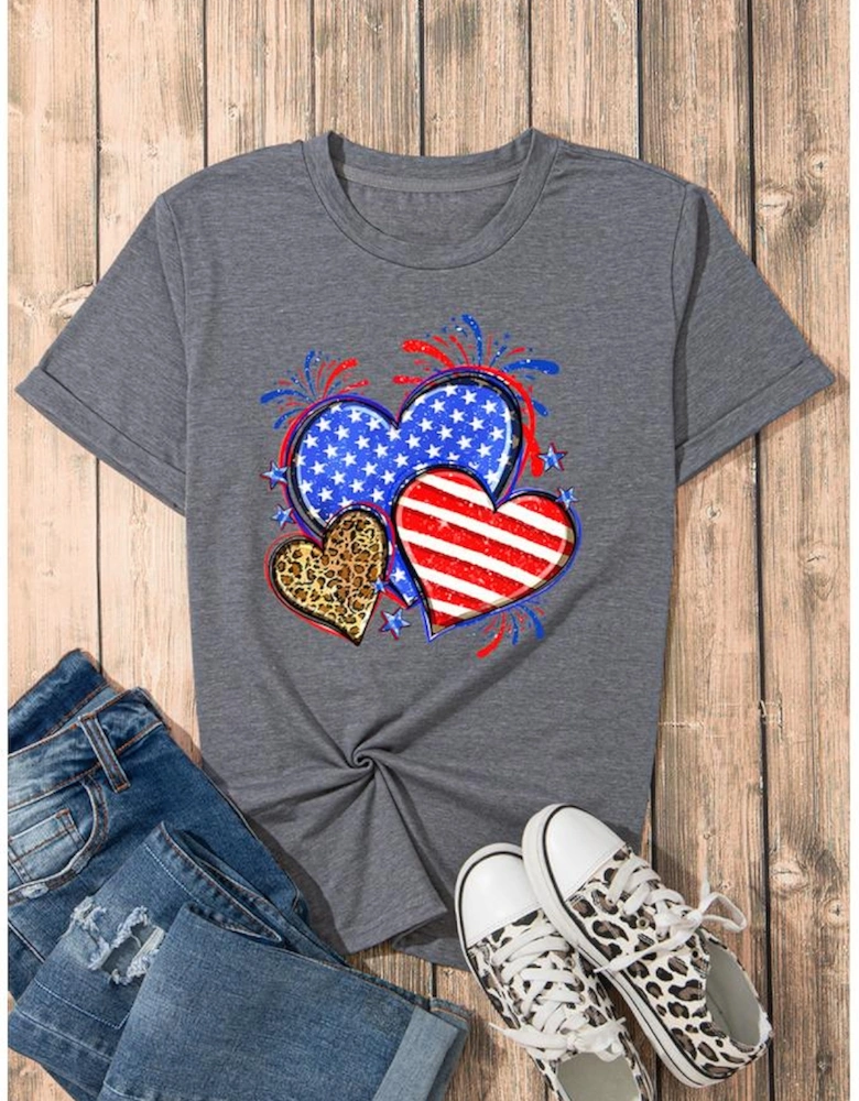 Gray American Heart July 4th Celebration Graphic T Shirt