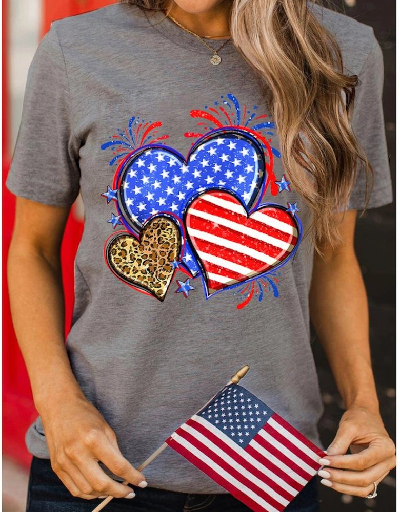 Gray American Heart July 4th Celebration Graphic T Shirt