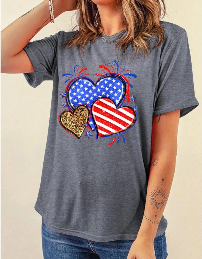 Gray American Heart July 4th Celebration Graphic T Shirt
