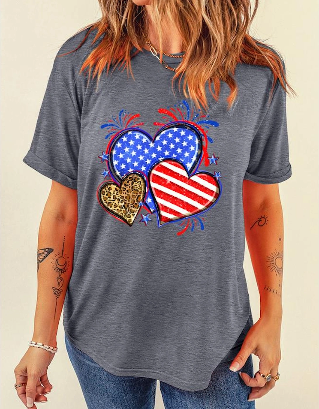 Gray American Heart July 4th Celebration Graphic T Shirt