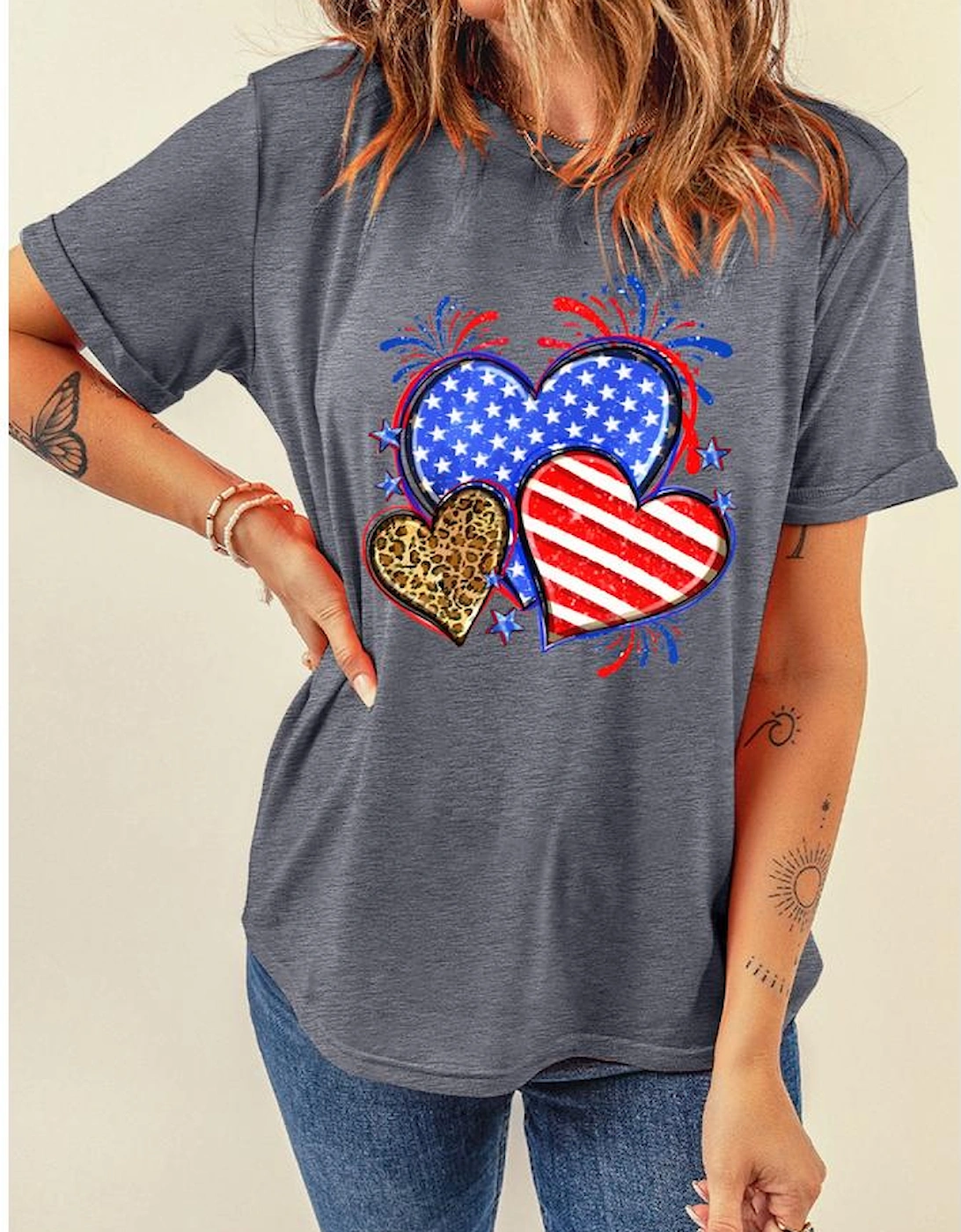 Gray American Heart July 4th Celebration Graphic T Shirt