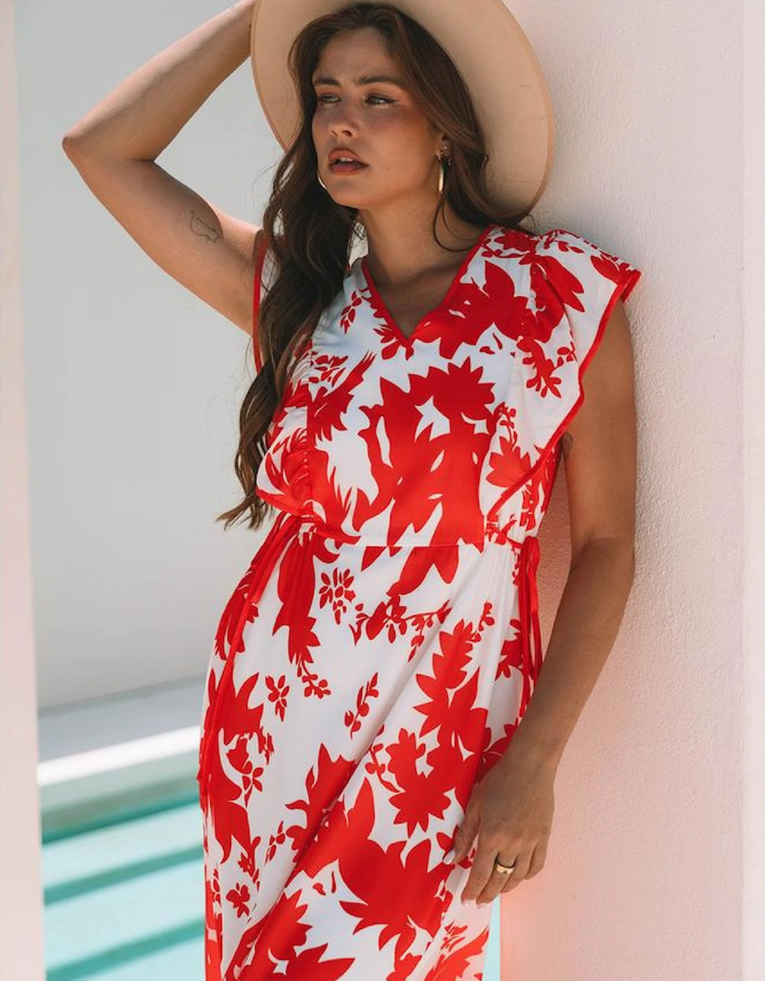 Red Floral Print Trimmed V Neck Ruffle Sleeve Long Dress