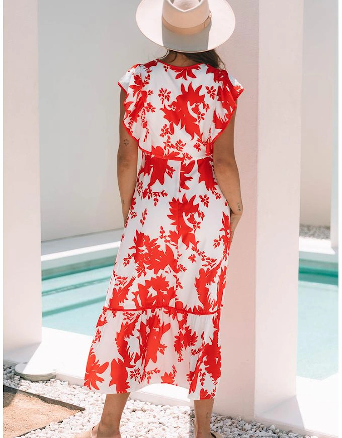 Red Floral Print Trimmed V Neck Ruffle Sleeve Long Dress, 16 of 15