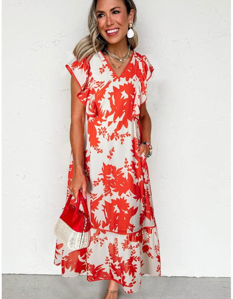 Red Floral Print Trimmed V Neck Ruffle Sleeve Long Dress