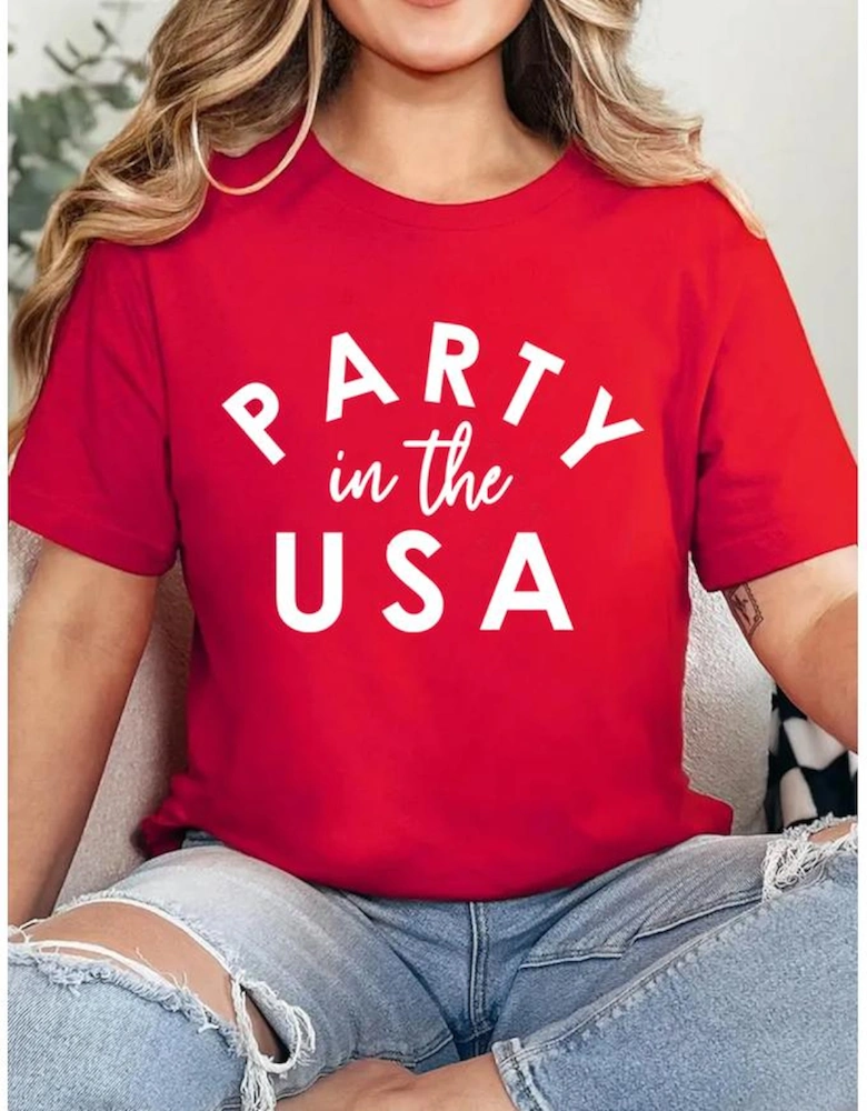 Red PARTY in the USA Printed Independence Day T Shirt