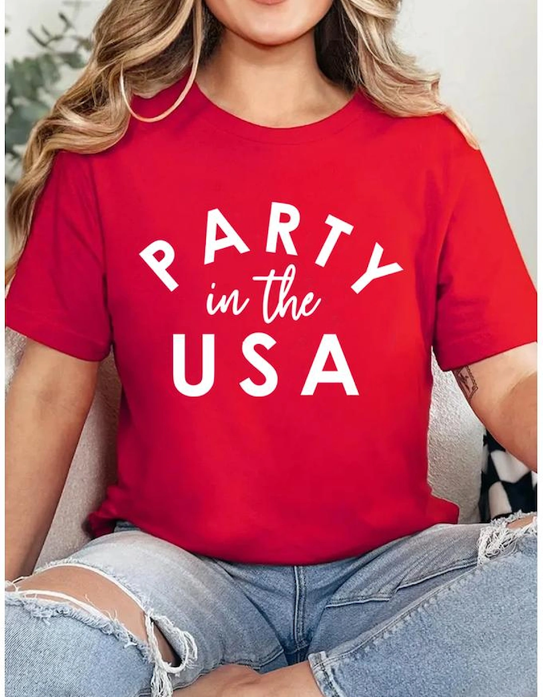 Red PARTY in the USA Printed Independence Day T Shirt