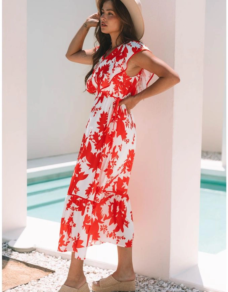 Red Floral Print Trimmed V Neck Ruffle Sleeve Long Dress