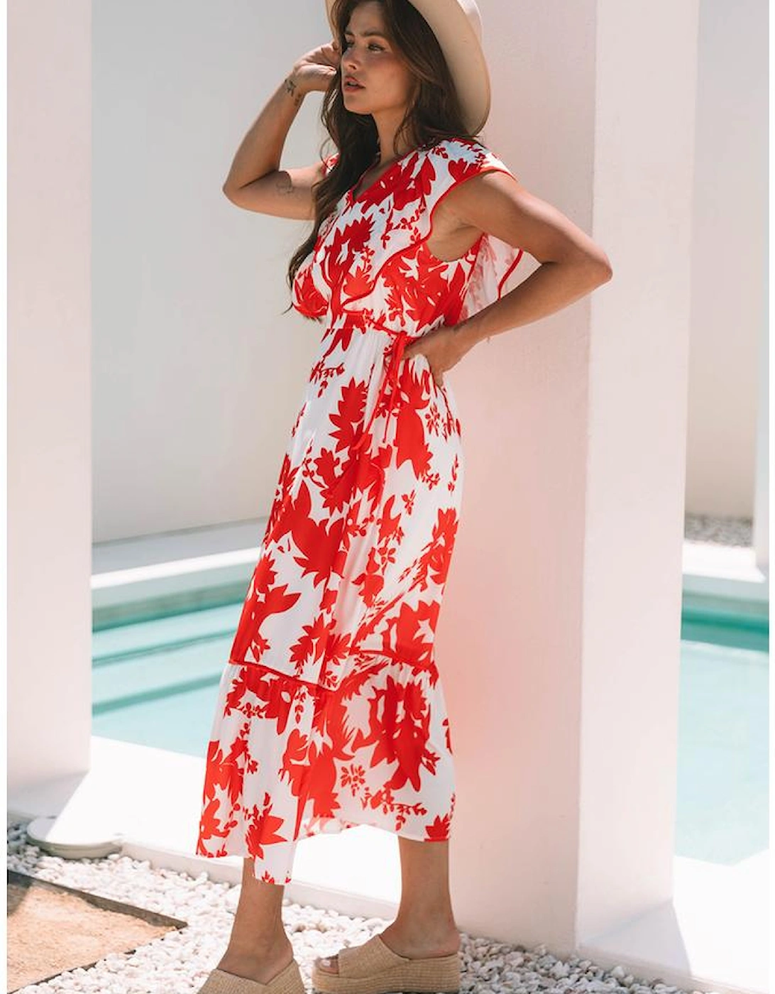 Red Floral Print Trimmed V Neck Ruffle Sleeve Long Dress