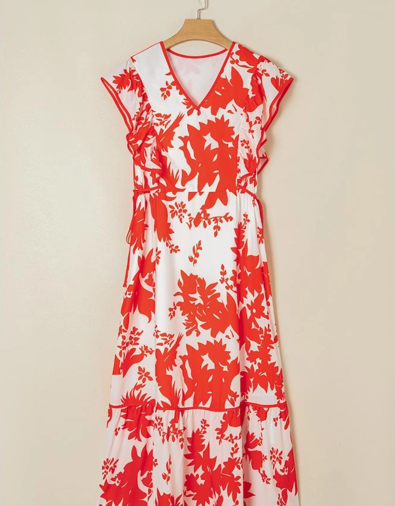 Red Floral Print Trimmed V Neck Ruffle Sleeve Long Dress
