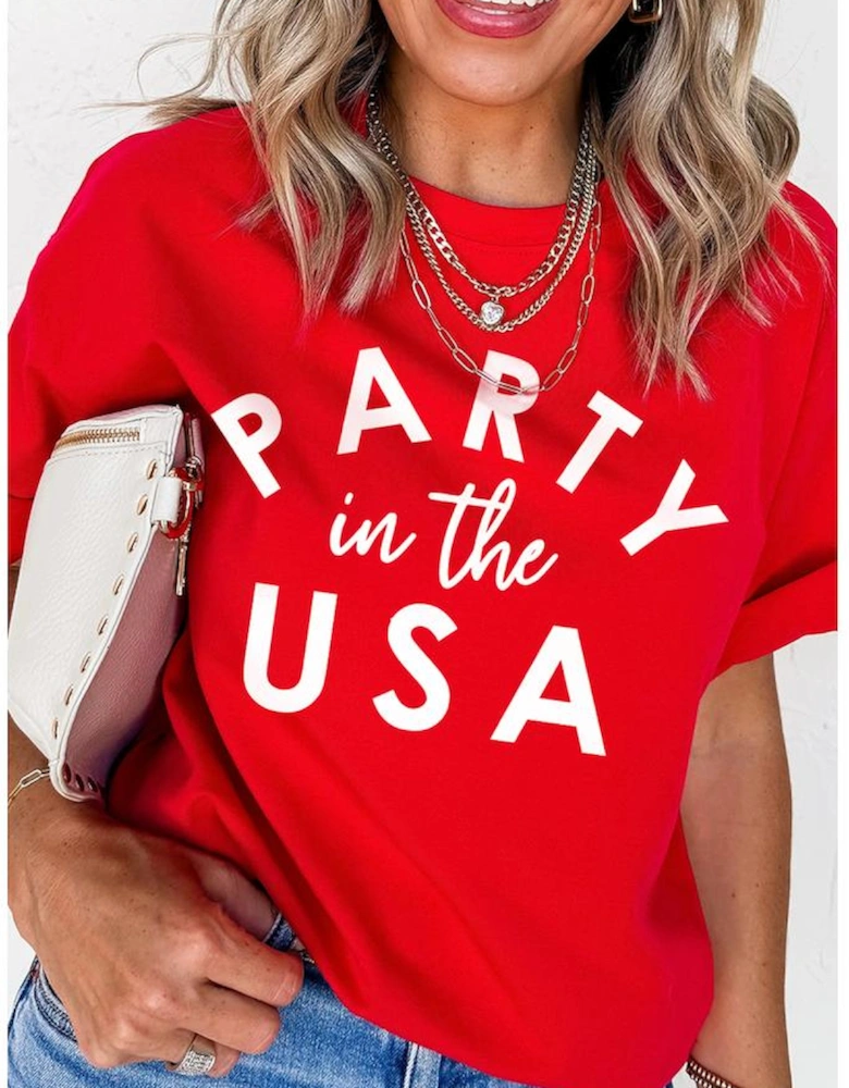 Red PARTY in the USA Printed Independence Day T Shirt