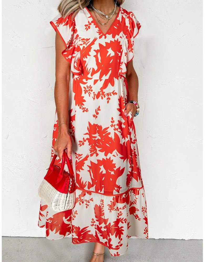 Red Floral Print Trimmed V Neck Ruffle Sleeve Long Dress