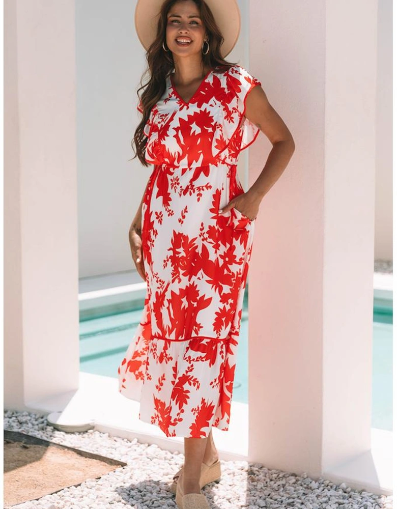 Red Floral Print Trimmed V Neck Ruffle Sleeve Long Dress