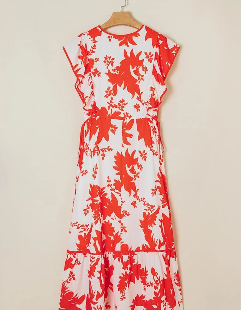 Red Floral Print Trimmed V Neck Ruffle Sleeve Long Dress