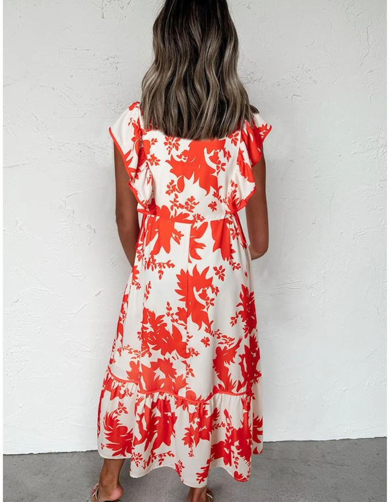 Red Floral Print Trimmed V Neck Ruffle Sleeve Long Dress