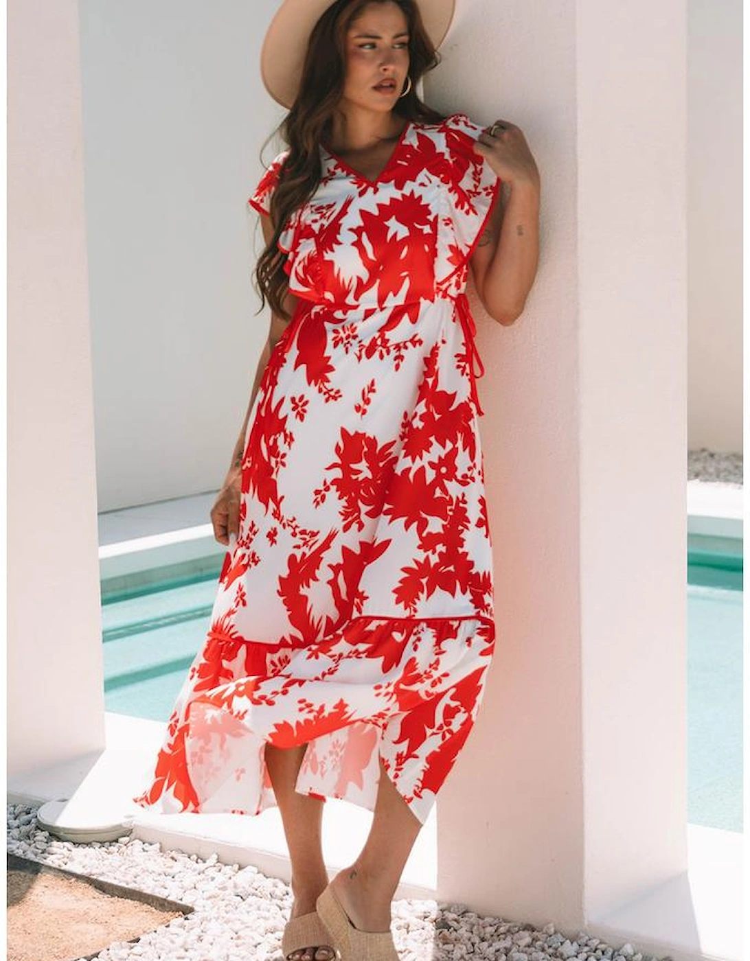 Red Floral Print Trimmed V Neck Ruffle Sleeve Long Dress