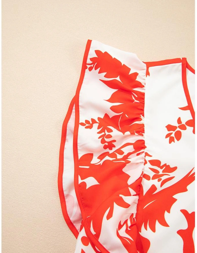 Red Floral Print Trimmed V Neck Ruffle Sleeve Long Dress