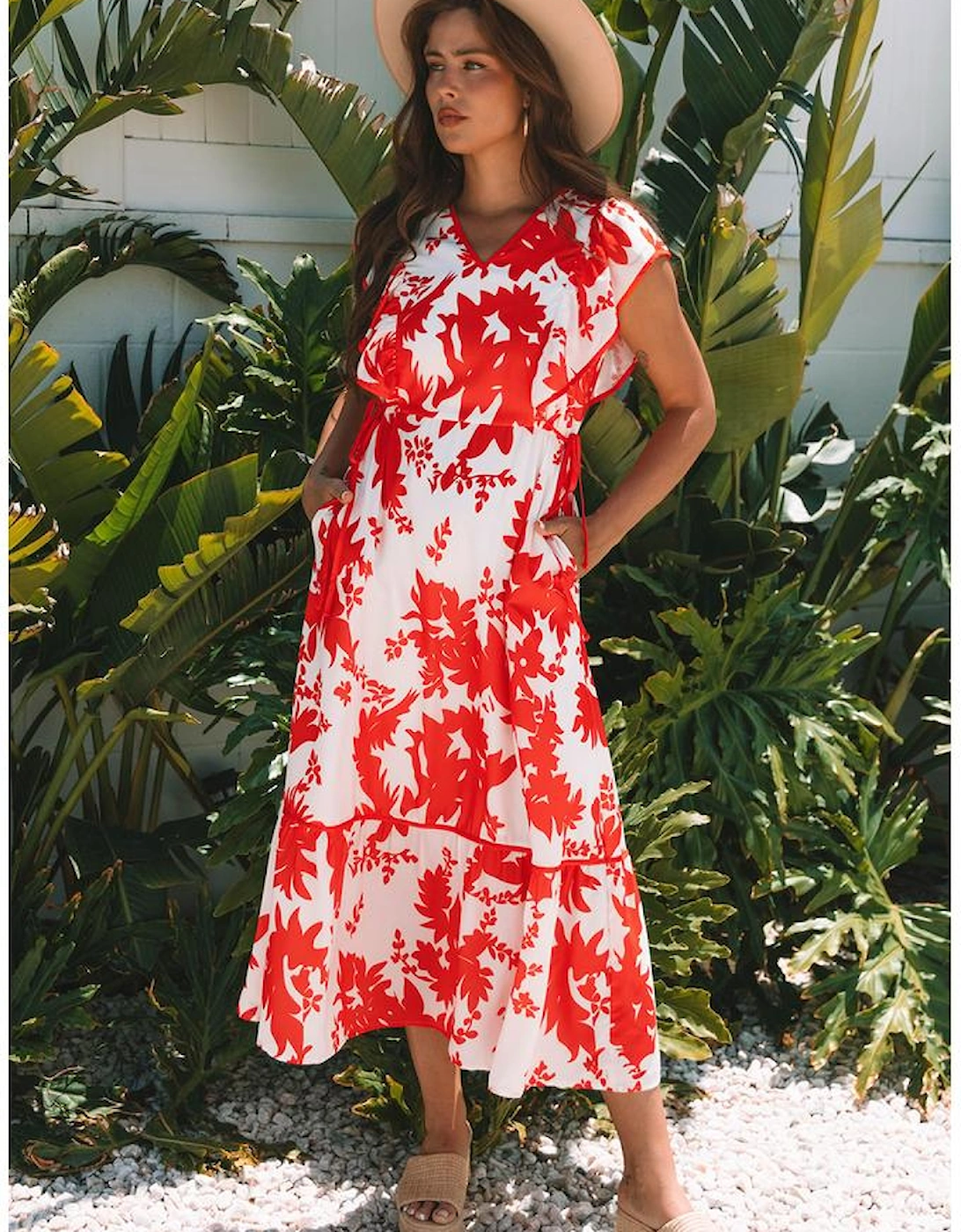 Red Floral Print Trimmed V Neck Ruffle Sleeve Long Dress