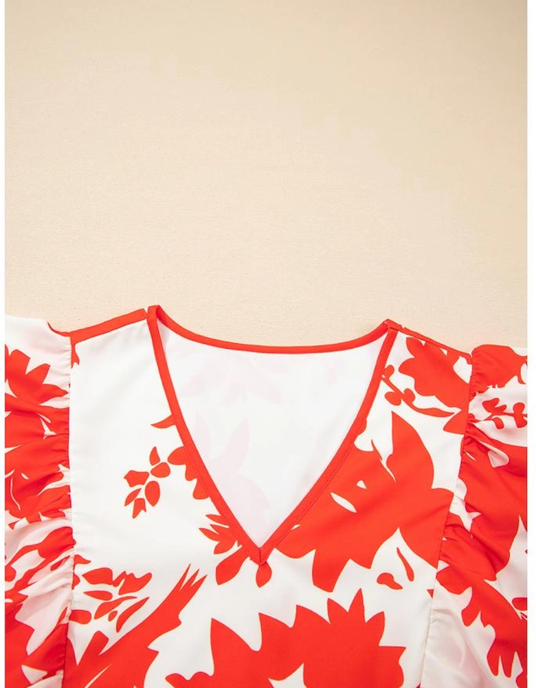 Red Floral Print Trimmed V Neck Ruffle Sleeve Long Dress