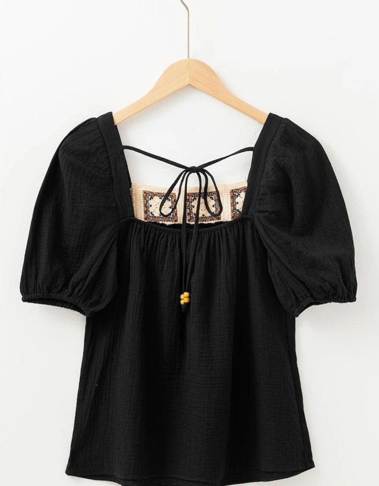 Black Flower Crochet Square Neck Textured Short Sleeve Blouse
