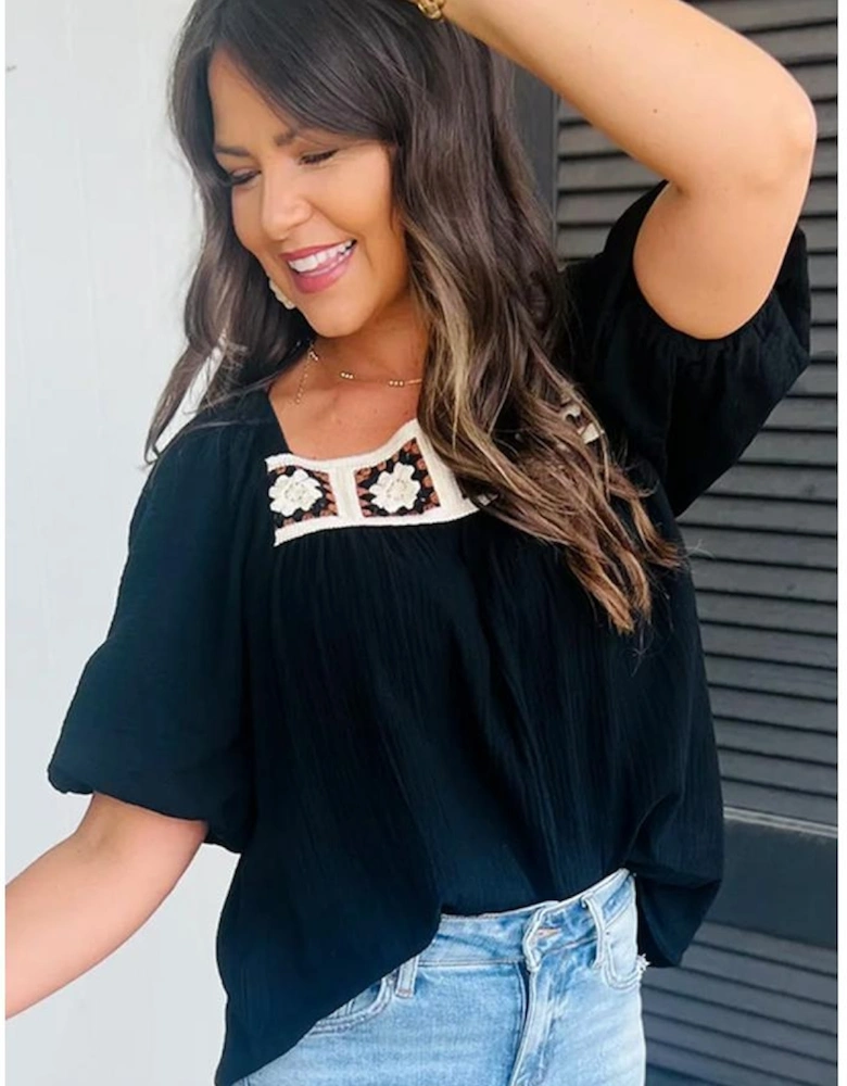 Black Flower Crochet Square Neck Textured Short Sleeve Blouse