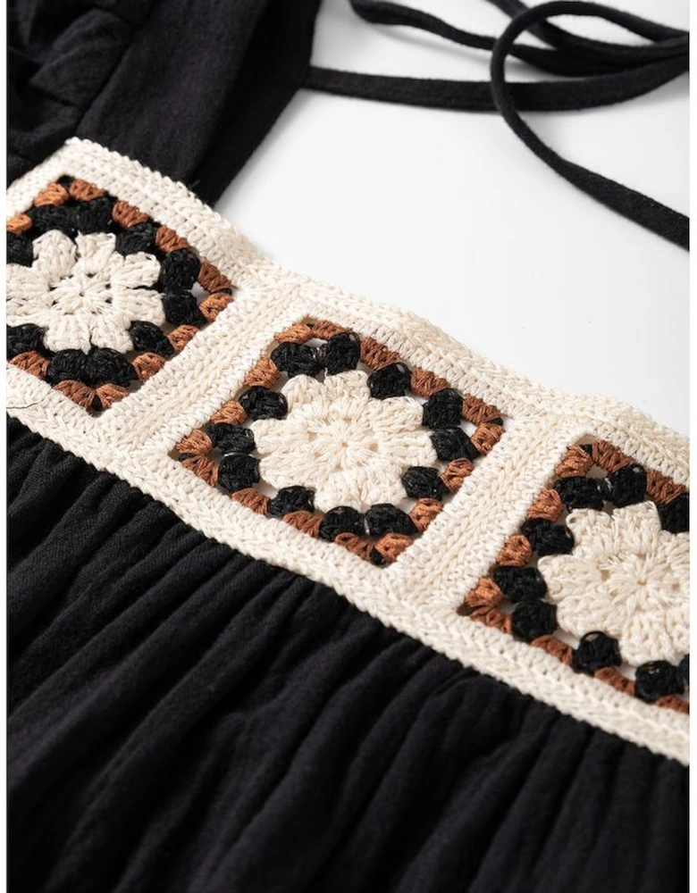 Black Flower Crochet Square Neck Textured Short Sleeve Blouse