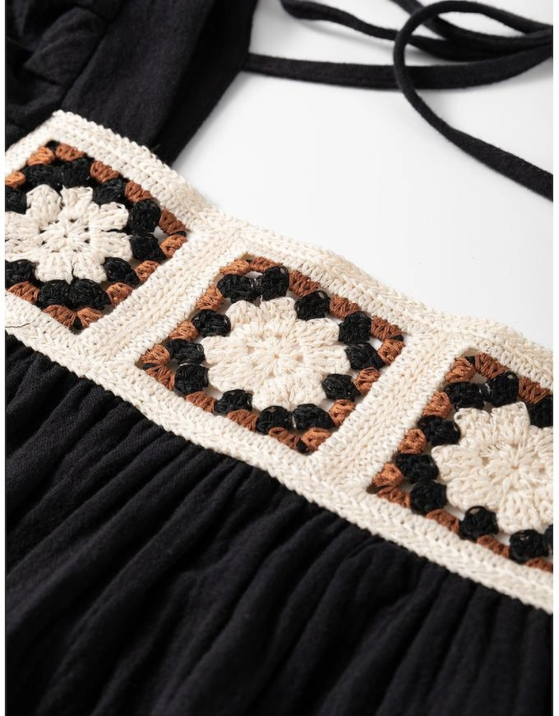 Black Flower Crochet Square Neck Textured Short Sleeve Blouse