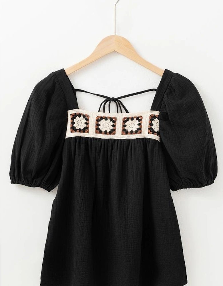 Black Flower Crochet Square Neck Textured Short Sleeve Blouse