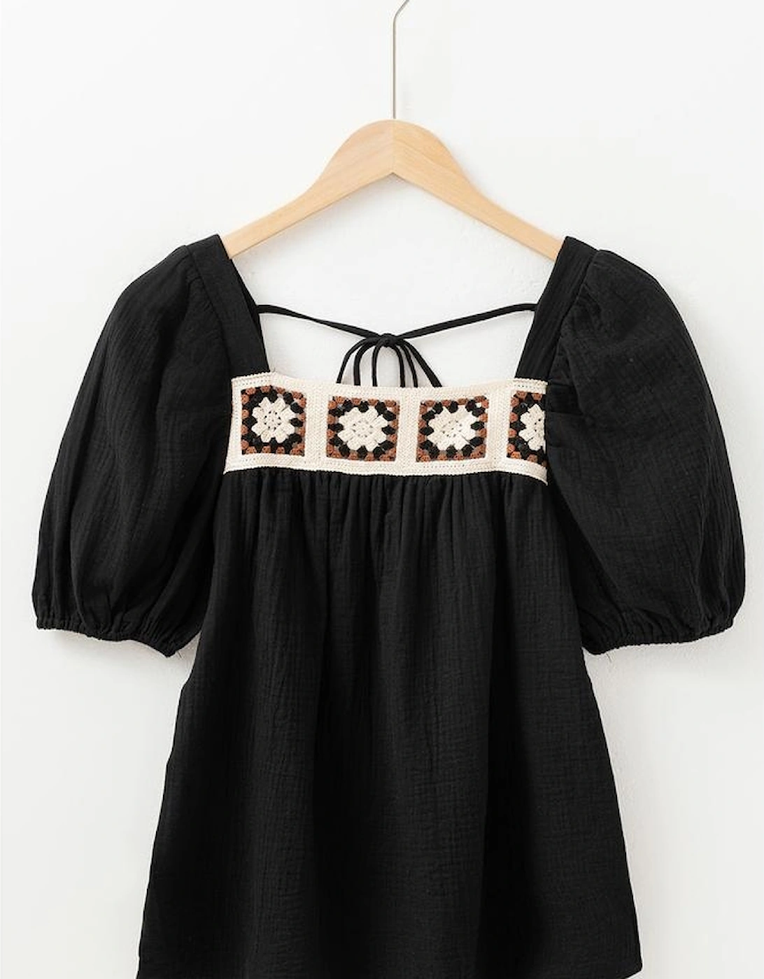 Black Flower Crochet Square Neck Textured Short Sleeve Blouse