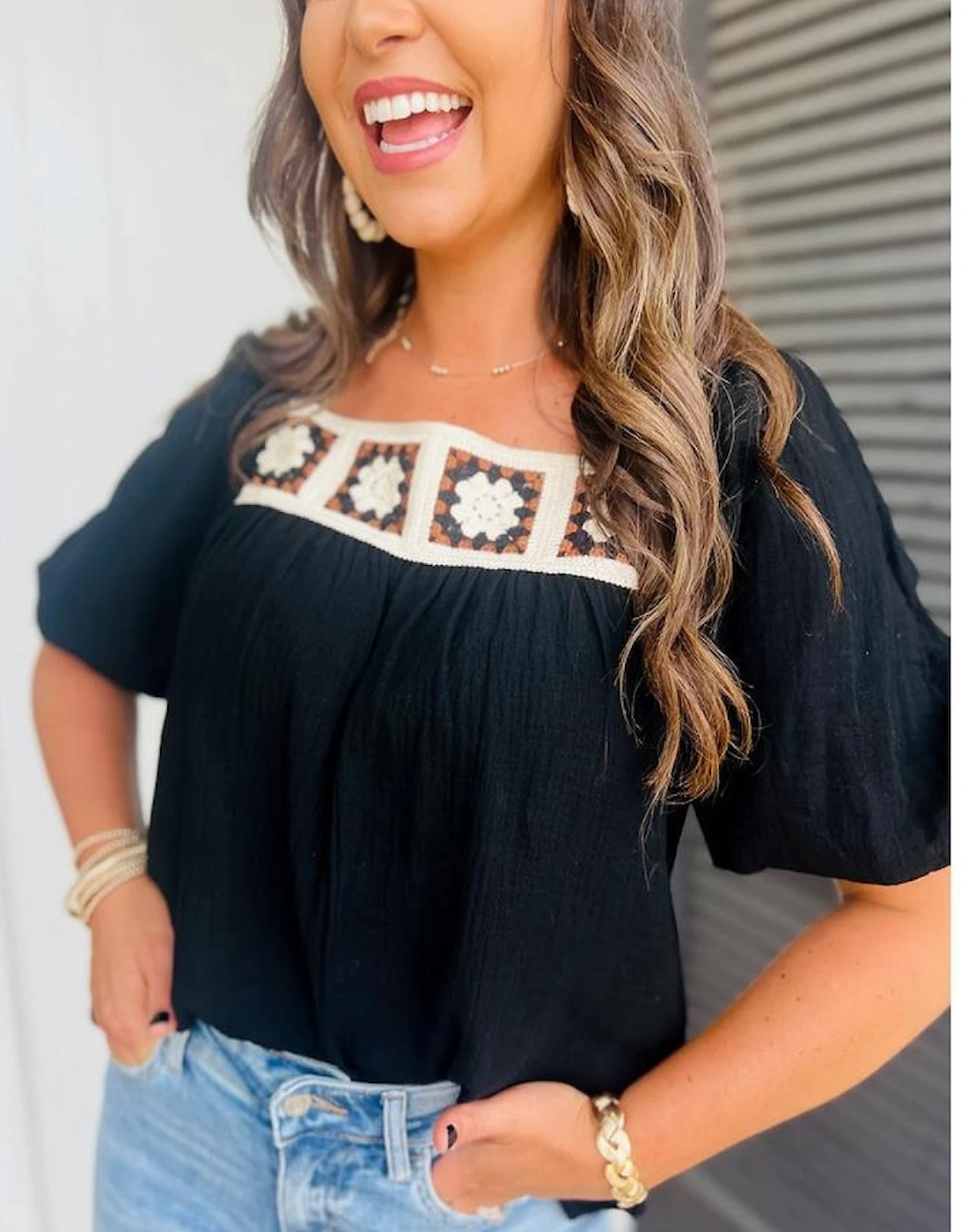 Black Flower Crochet Square Neck Textured Short Sleeve Blouse