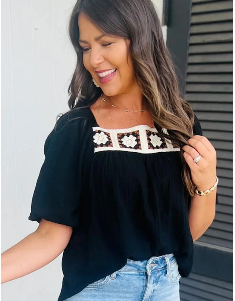 Black Flower Crochet Square Neck Textured Short Sleeve Blouse