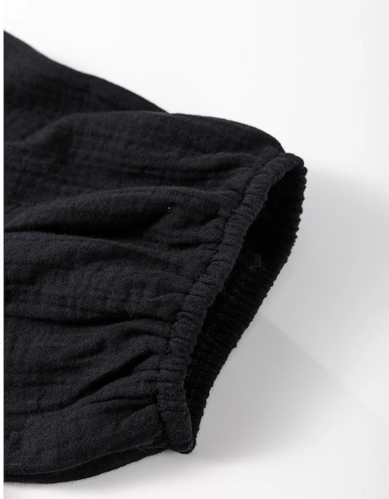 Black Flower Crochet Square Neck Textured Short Sleeve Blouse