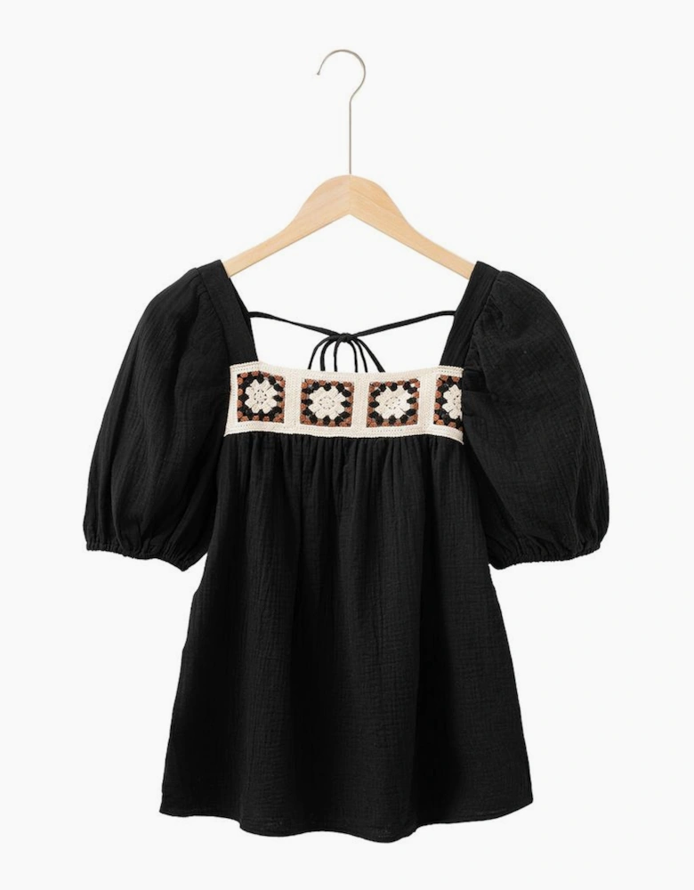 Black Flower Crochet Square Neck Textured Short Sleeve Blouse