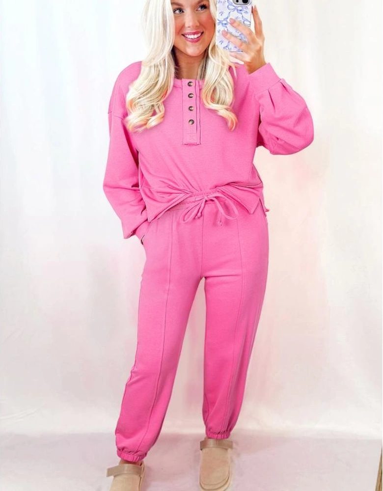 Bright Pink Raw Edge Half Buttons Pullover and Jogger Pants Set