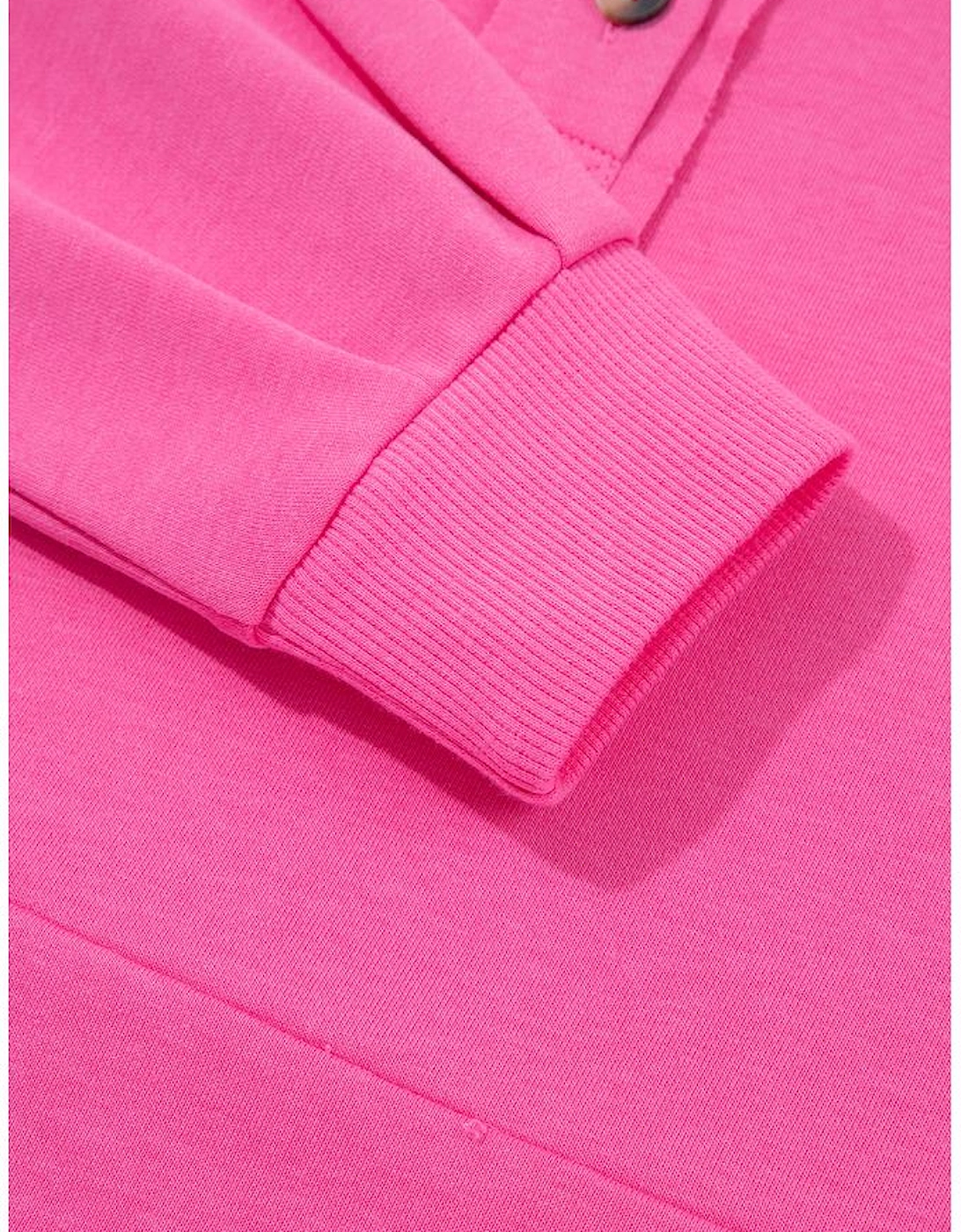 Bright Pink Raw Edge Half Buttons Pullover and Jogger Pants Set