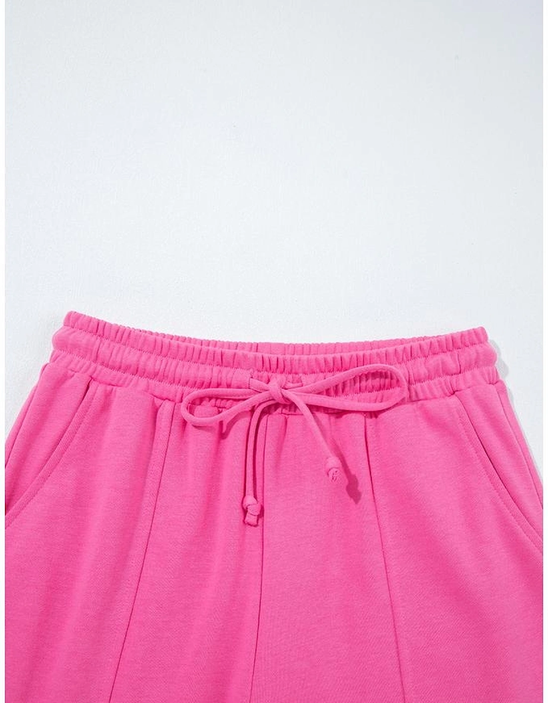 Bright Pink Raw Edge Half Buttons Pullover and Jogger Pants Set