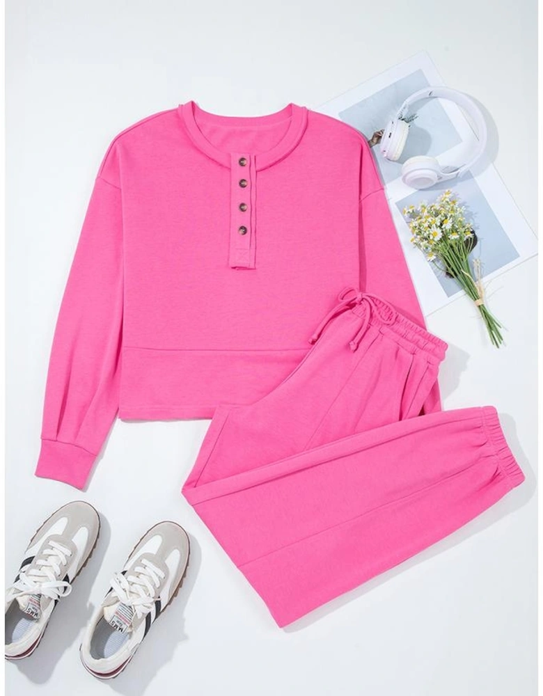 Bright Pink Raw Edge Half Buttons Pullover and Jogger Pants Set