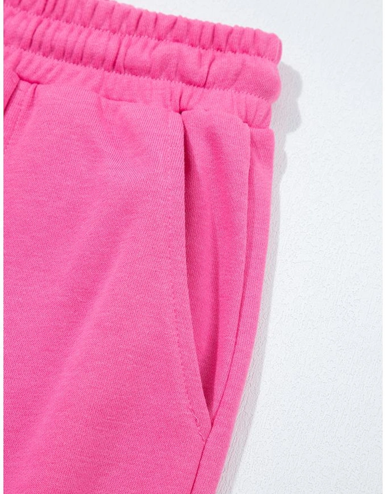 Bright Pink Raw Edge Half Buttons Pullover and Jogger Pants Set
