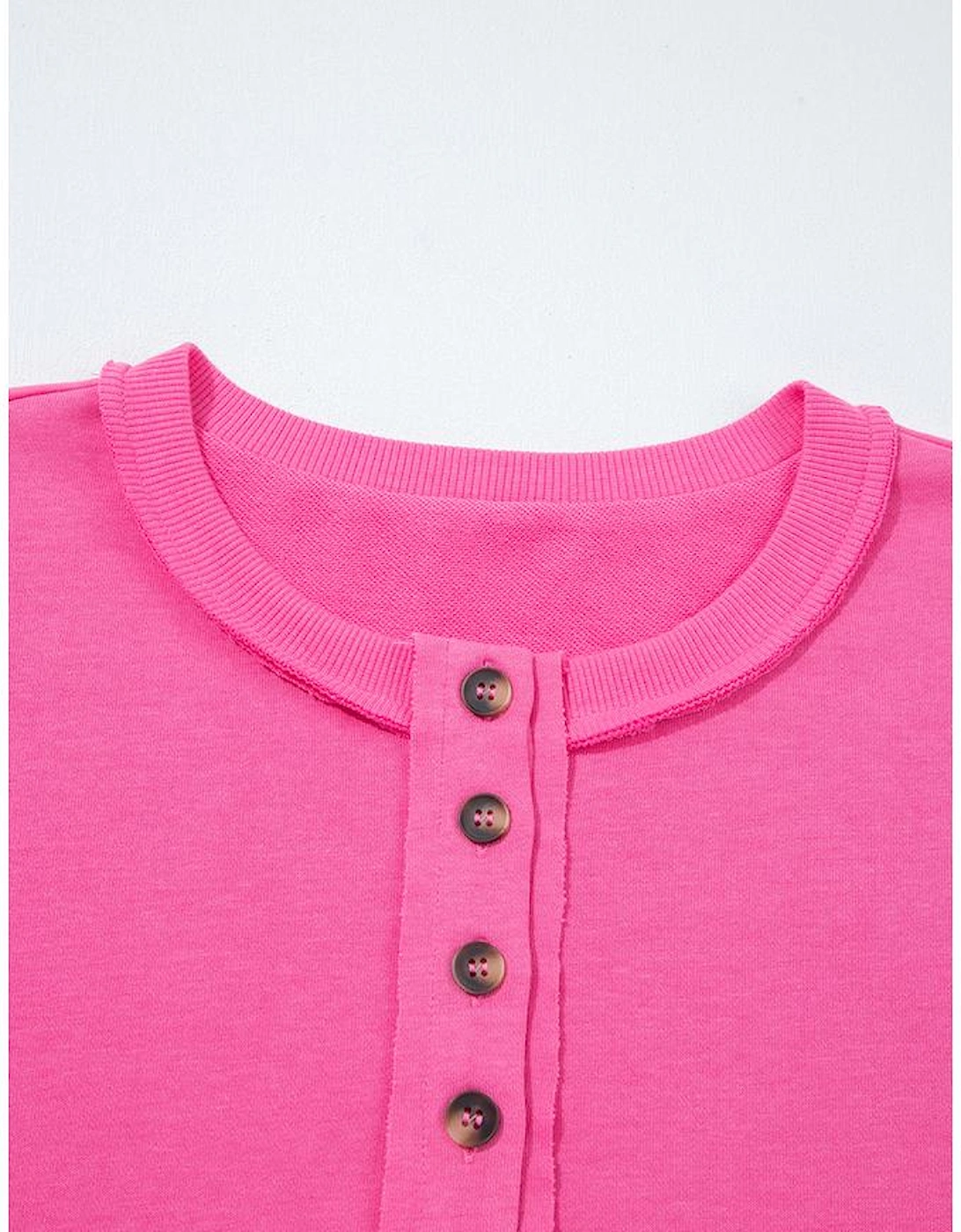 Bright Pink Raw Edge Half Buttons Pullover and Jogger Pants Set