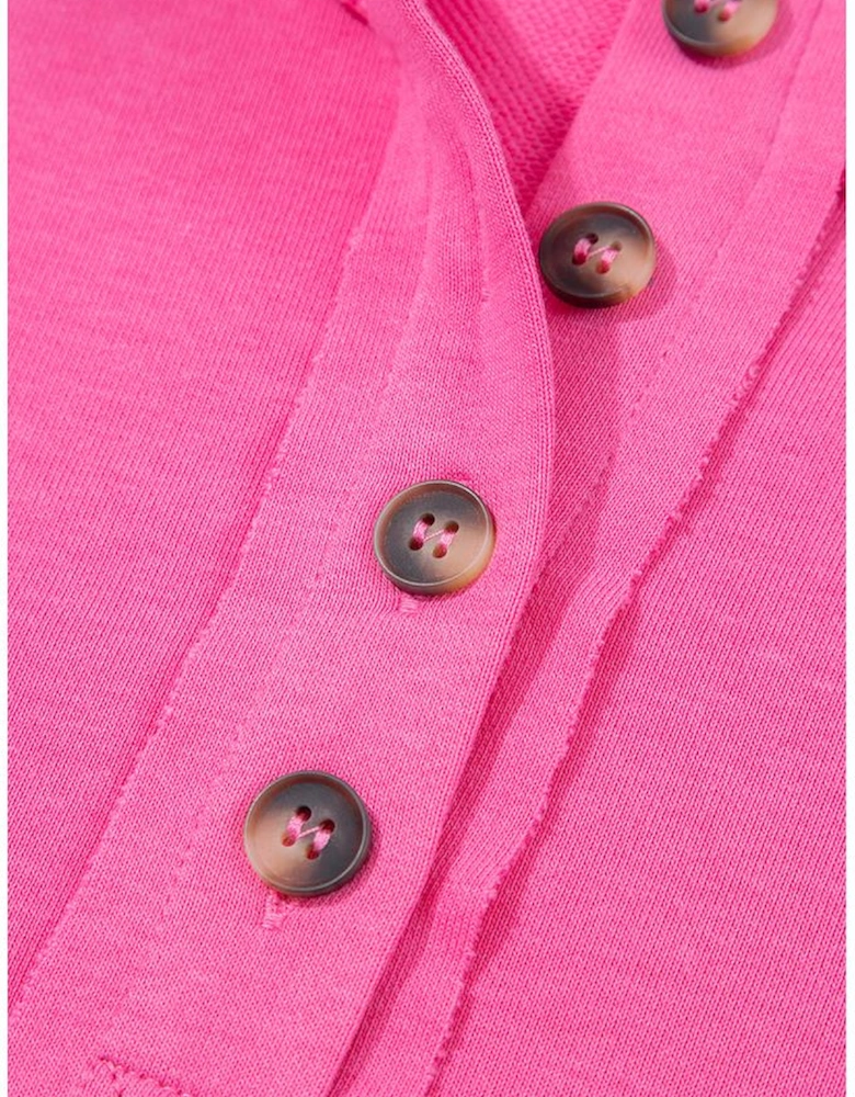 Bright Pink Raw Edge Half Buttons Pullover and Jogger Pants Set