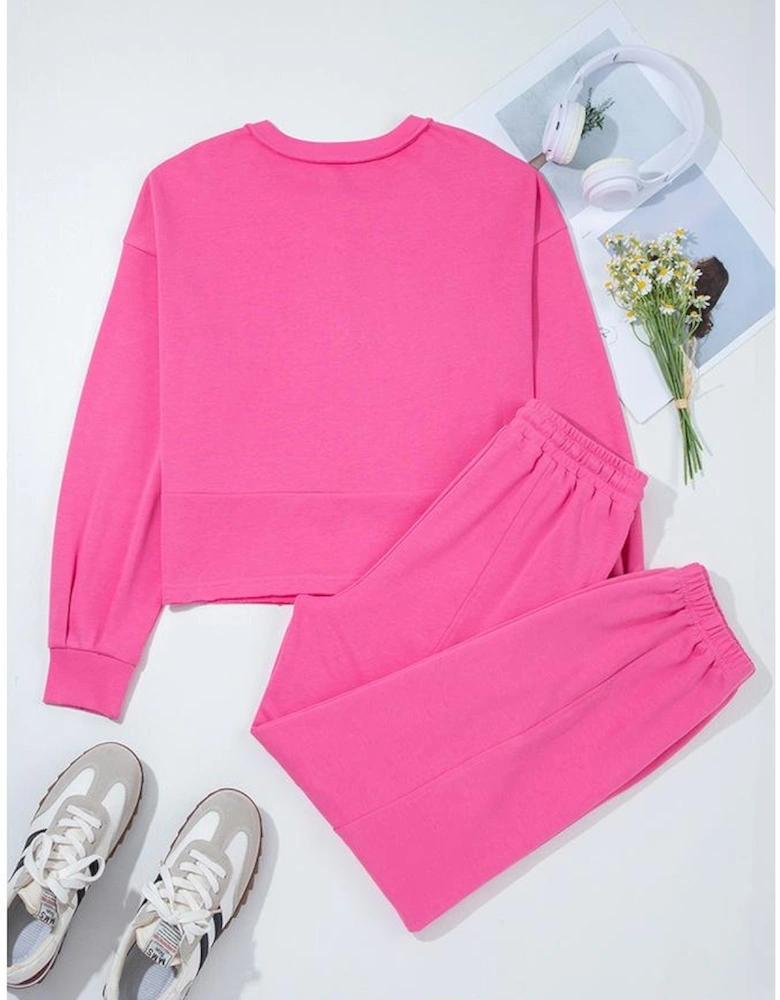 Bright Pink Raw Edge Half Buttons Pullover and Jogger Pants Set