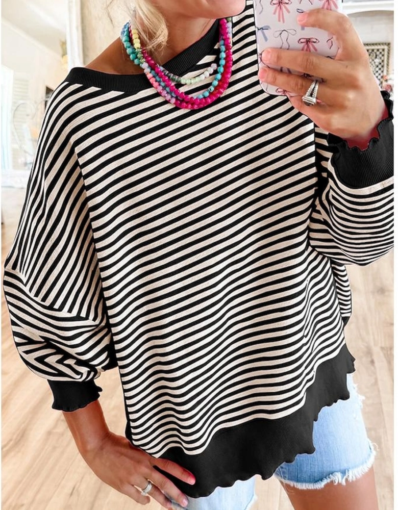 Black Stripe Loose Drop Shoulder Long Sleeve Top