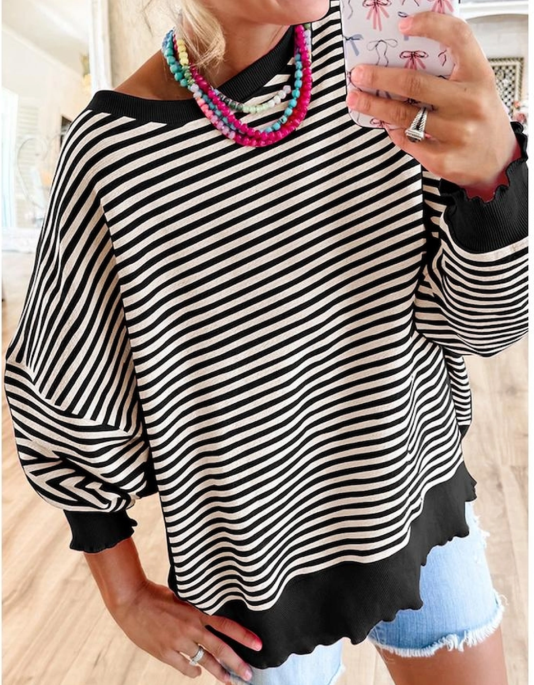 Black Stripe Loose Drop Shoulder Long Sleeve Top