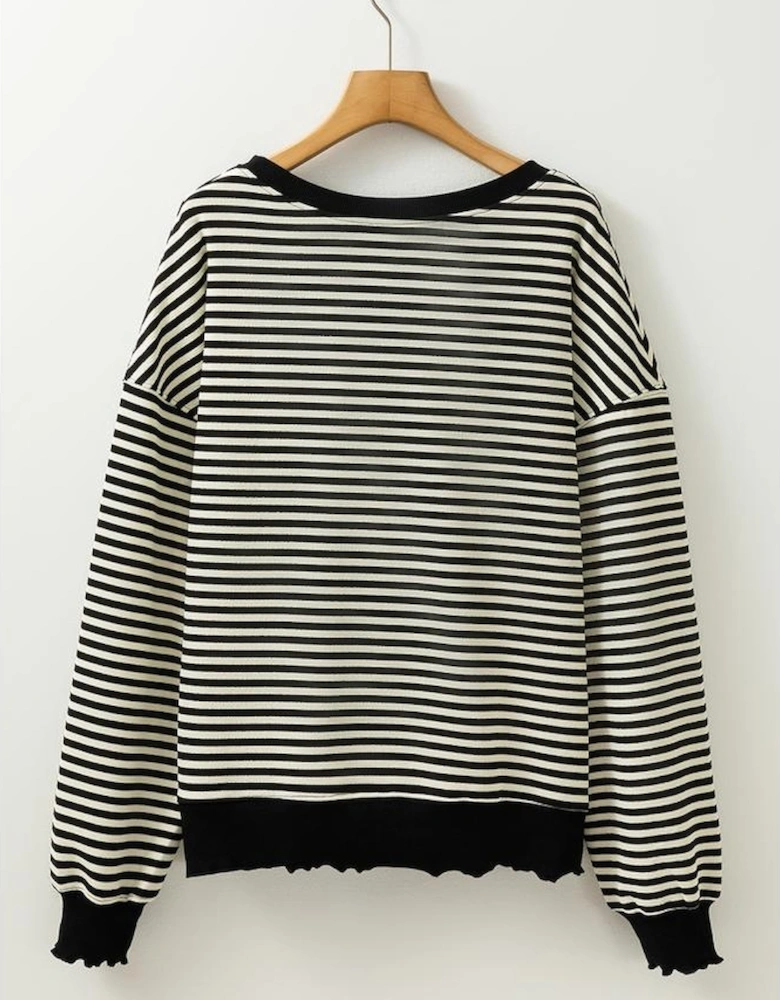 Black Stripe Loose Drop Shoulder Long Sleeve Top